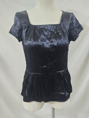 H&M Women's Dark Navy Short Sleeve Satin Peplum Blouse Size 6
